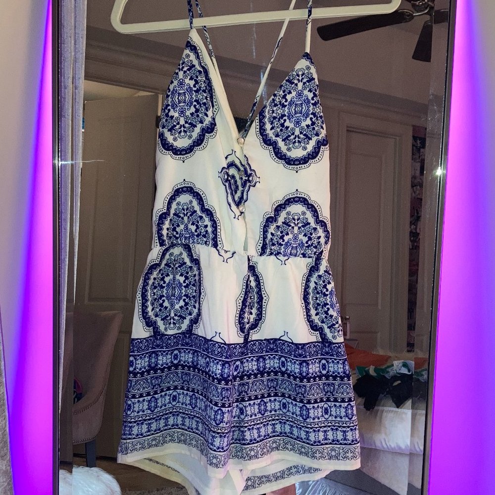 Blue and white floral romper